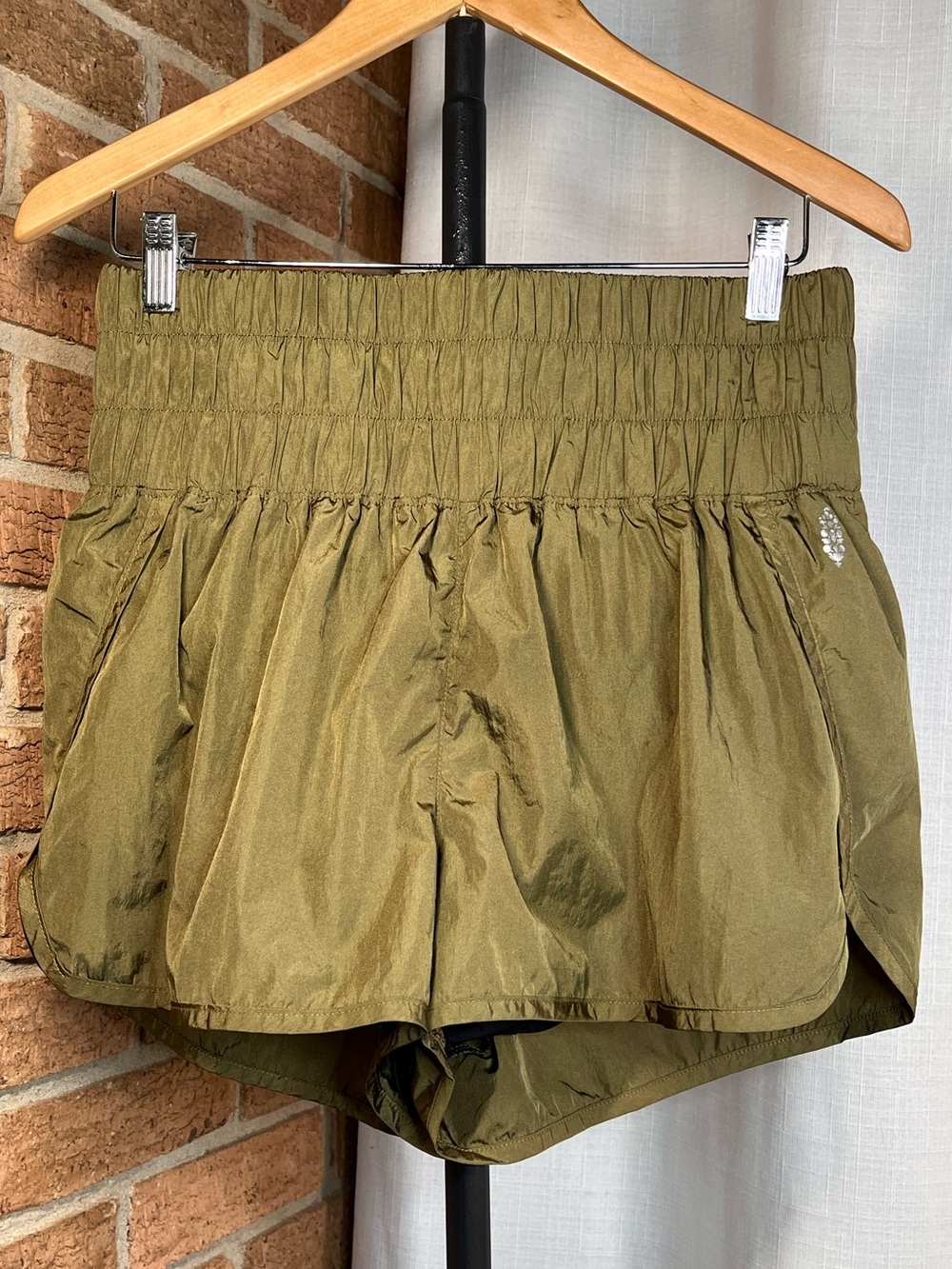Free People Movement Olive Green Running Shorts Size Large Smocked Waist